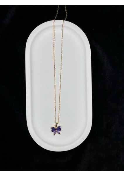 Xupıng Jewelry Mor Zirkon Taşlı Altın Kaplama Kelebek Kolye – Paslanmaz Çelik
