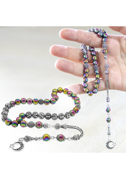 Kararmaz Metal Püsküllü Küre Kesim Isim Yazılı Multicolor Hematit Doğaltaş Tesbih