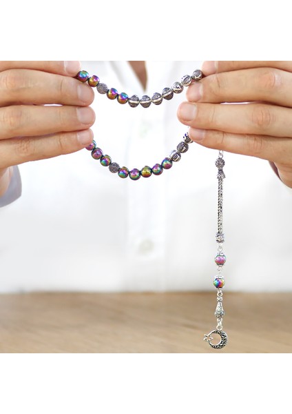 Kararmaz Metal Püsküllü Küre Kesim Isim Yazılı Multicolor Hematit Doğaltaş Tesbih modelleri