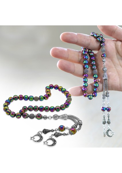 Kararmaz Metal Püsküllü Küre Kesim Renkli Hematit Doğaltaş Tesbih