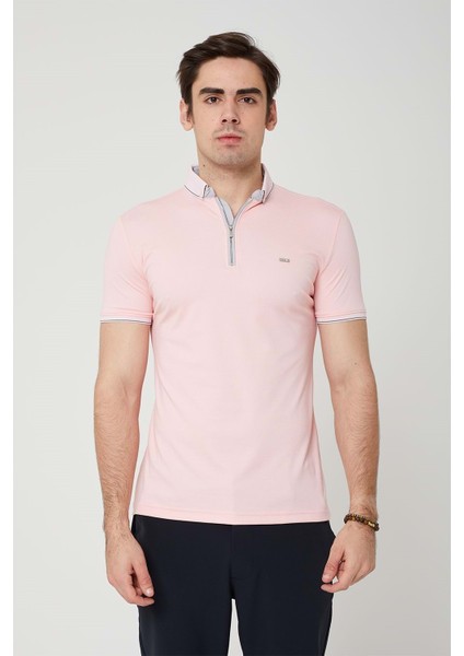 Erkek Fermuarlı Pembe Yakalı Tshirt