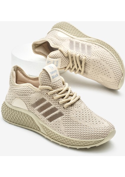 Unisex Bej Poli Taban Bağcıklı Triko Spor Ayakkabı
