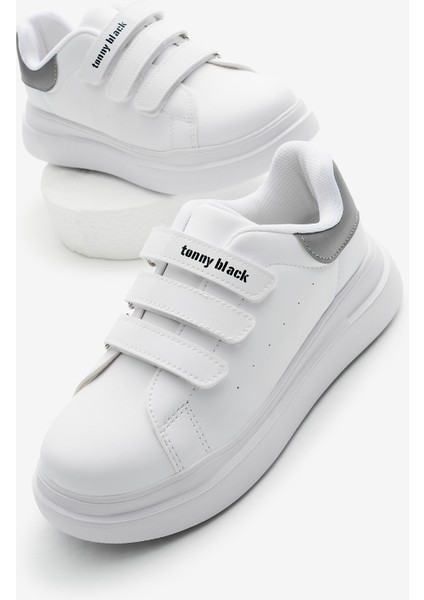 Çocuk Unisex Beyaz Gümüş Eva Faylon Taban Üç Cırtlı Spor Ayakkabı