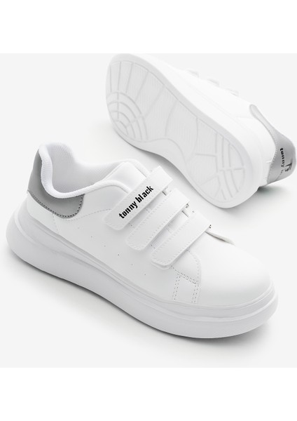 Çocuk Unisex Beyaz Gümüş Eva Faylon Taban Üç Cırtlı Spor Ayakkabı fırsatları