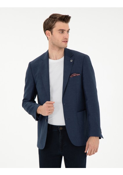 Erkek Lacivert Slim Fit Keten Karışımlı Ceket 50306748-VR033