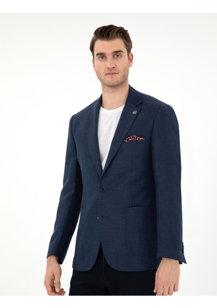 Erkek Lacivert Slim Fit Keten Karışımlı Ceket 50306748-VR033