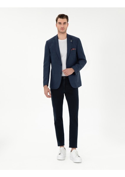 Erkek Lacivert Slim Fit Keten Karışımlı Ceket 50306748-VR033