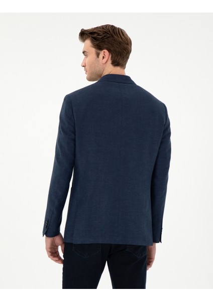 Erkek Lacivert Slim Fit Keten Karışımlı Ceket 50306748-VR033