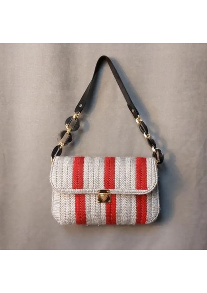 2382 El Örgüsü Bordo Çizgili Kanvas Kadın Çanta