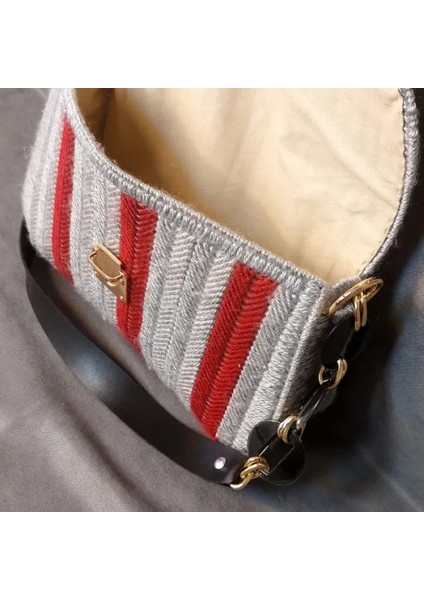 2382 El Örgüsü Bordo Çizgili Kanvas Kadın Çanta modelleri