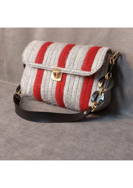 2382 El Örgüsü Bordo Çizgili Kanvas Kadın Çanta fırsatları