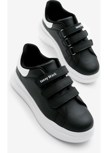 Çocuk Unisex Siyah Beyaz Eva Faylon Taban Üç Cırtlı Spor Ayakkabı