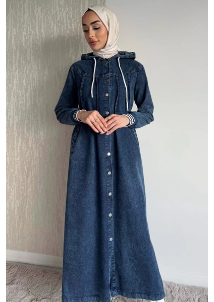 Kadın Bel Lastikli Kapüşonlu Jean Kot Tesettür Elbise