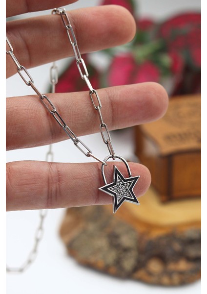 Zirkon Taşlı Siyah Mineli Yıldız Model Gümüş Kadın Kolye 201023825 modelleri
