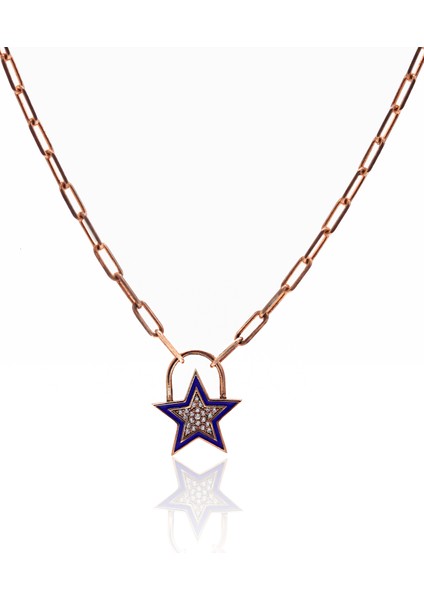 Mavi Mineli Yıldız Model Rose Kaplama Gümüş Kadın Kolye 201023824