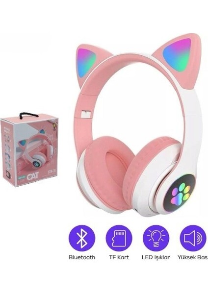 Kedi Figürlü Bluetooth Kulaklık Pembe Renkli