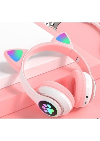 Kedi Figürlü Bluetooth Kulaklık Pembe Renkli