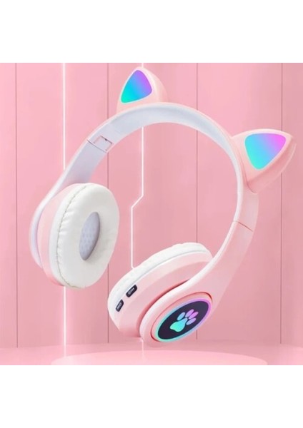 Kedi Figürlü Bluetooth Kulaklık Pembe Renkli