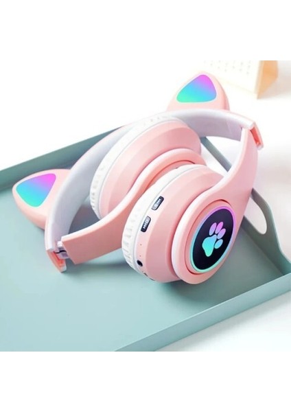 Kedi Figürlü Bluetooth Kulaklık Pembe Renkli