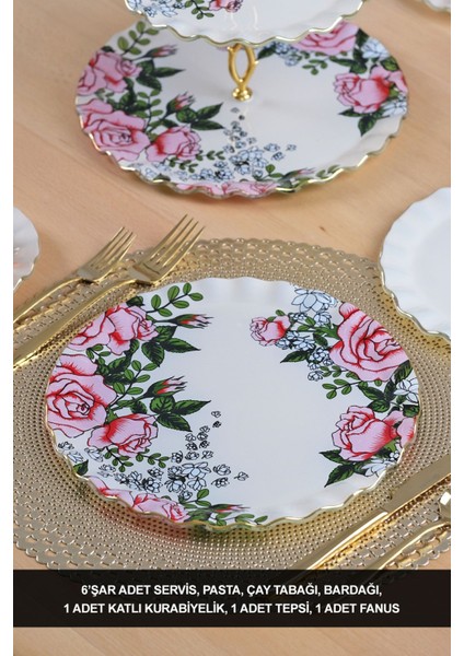 Roseline Krem Altın Yaldızlı 6 Kişilik 28 Parça Pasta Çay Servis Takımı