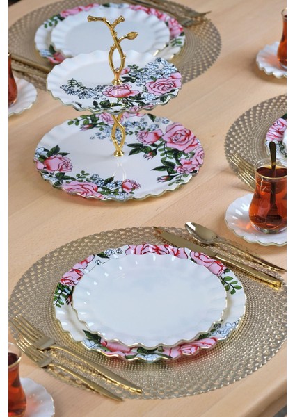 Roseline Krem Altın Yaldızlı 6 Kişilik 28 Parça Pasta Çay Servis Takımı fiyatları