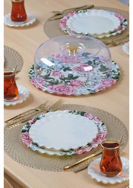 Roseline Krem Altın Yaldızlı 6 Kişilik 28 Parça Pasta Çay Servis Takımı modelleri