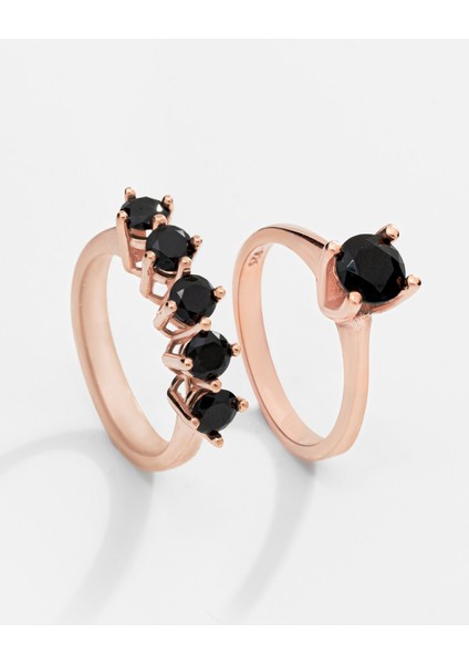 Oniks Taşlı Gümüş Tektaş Beştaş Yüzük Kombini