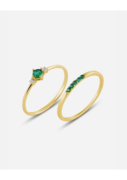 Zümrüt Renkli Taşlı Gümüş Yüzük Kombini
