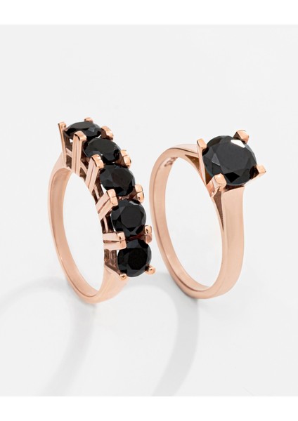 Oniks Taşlı Gümüş Tektaş Beştaş Yüzük Kombini