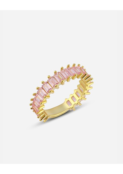 Pembe Quartz Renkli Baget Taşlı Gümüş Tamtur Yüzük