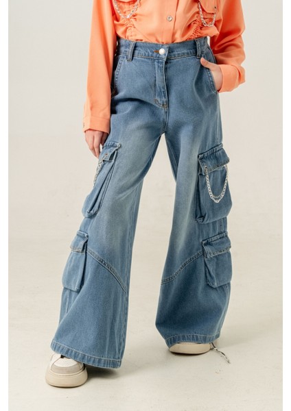 Kız Çocuk Zincir Kapaklı Ispanyol Kot Pantolon 2178