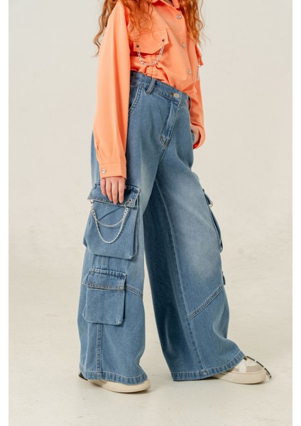 Kız Çocuk Zincir Kapaklı Ispanyol Kot Pantolon 2178 modelleri