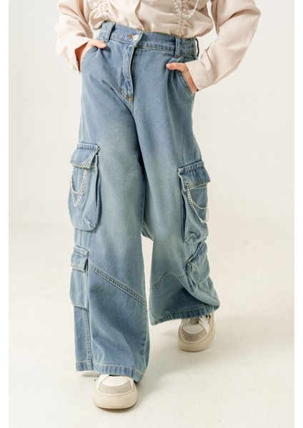 Kız Çocuk Zincir Kapaklı Ispanyol Kot Pantolon 2178