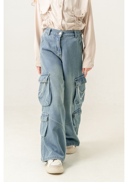 Kız Çocuk Zincir Kapaklı Ispanyol Kot Pantolon 2178 modelleri