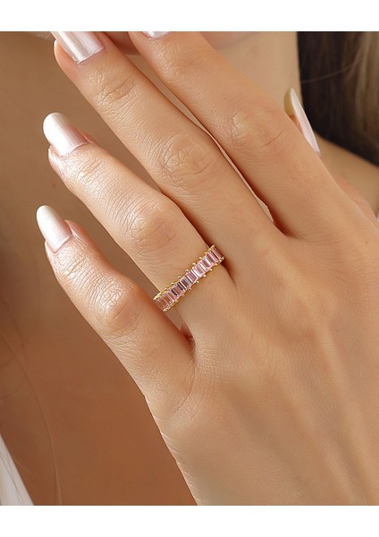 Pembe Quartz Renkli Baget Taşlı Gümüş Tamtur Yüzük
