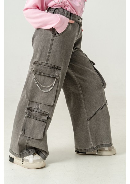 Kız Çocuk Zincir Kapaklı Ispanyol Kot Pantolon 2178 modelleri