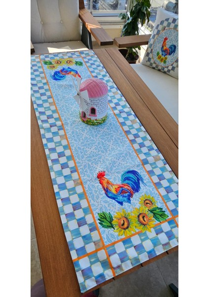 Taş Baskılı Parlak Horoz Desenli Runner ve Kırlent Kılıfı Takımı