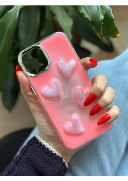 iPhone 15 Pembe Kabartmalı Kalpli Sert Kılıf