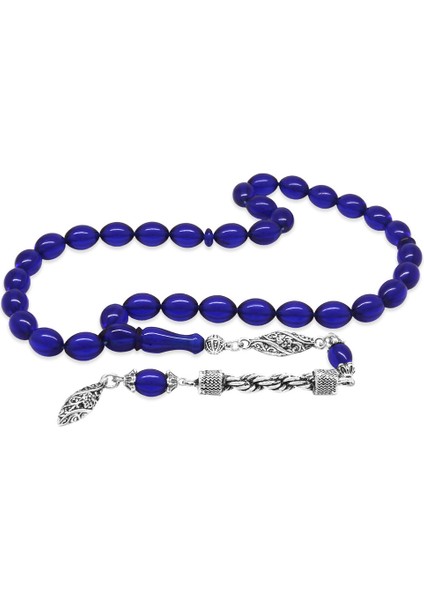 Kararmaz Metal Halat Püsküllü Arpa Kesim Lacivert Sıkma Kehribar Tesbih