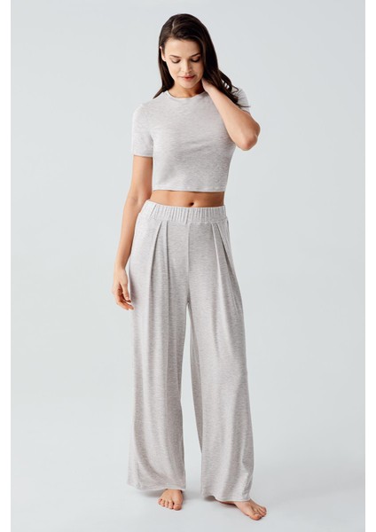 Kısa Kollu Crop Bol Paça Esnek Viskoz Pijama Takım
