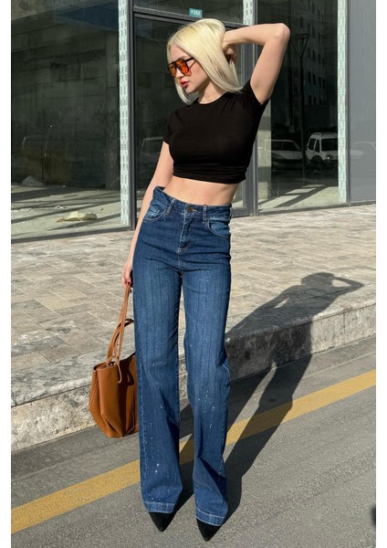 Lacivert Yüksek Bel Likralı Taşlı Kadın Jean Pantolon MG2271 modelleri