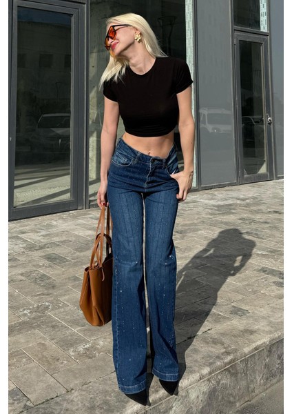 Lacivert Yüksek Bel Likralı Taşlı Kadın Jean Pantolon MG2271 fırsatları