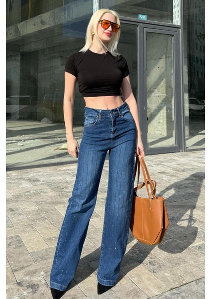 Lacivert Yüksek Bel Likralı Taşlı Kadın Jean Pantolon MG2271 indirimleri