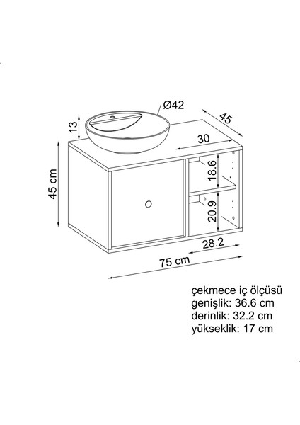 Gusto Ayaksız Oval Lavabolu Mdf 75 cm Çekmeceli Banyo Dolabı fırsatları