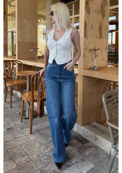 Mavi Yüksek Bel Likralı Taşlı Kadın Jean Pantolon MG2271