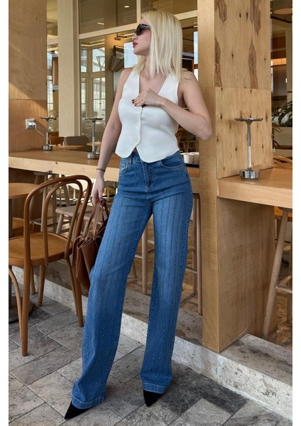 Mavi Yüksek Bel Likralı Taşlı Kadın Jean Pantolon MG2271 fiyatları