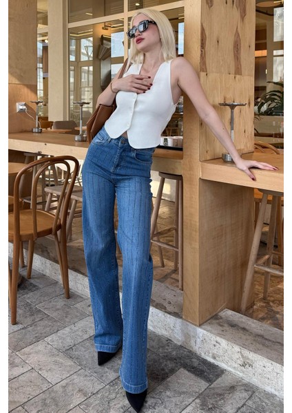 Mavi Yüksek Bel Likralı Taşlı Kadın Jean Pantolon MG2271 fırsatları