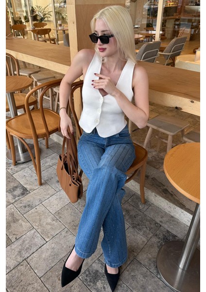 Mavi Yüksek Bel Likralı Taşlı Kadın Jean Pantolon MG2271 indirimleri