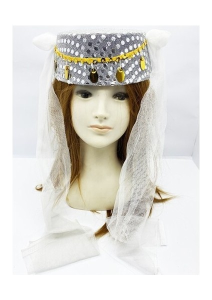 Beyaz Duvaklı Altın Pul İşlemeli Kına Fesi