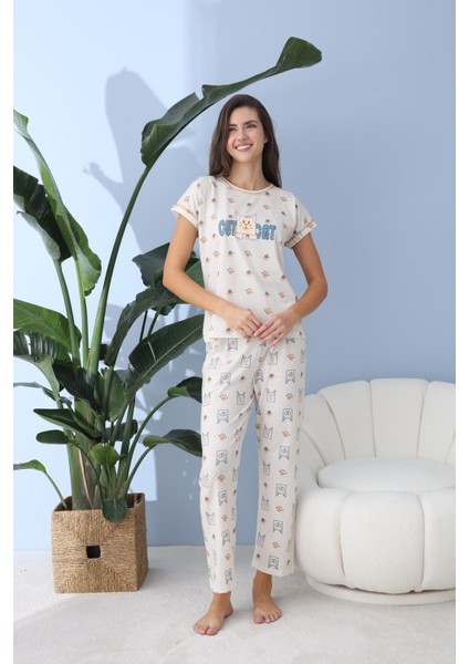 Kadın 40045 Kısa Kol Pijama Takımı Krem